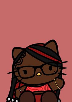 an image of a cat with glasses and a bandana sitting on the ground in front of a pink background