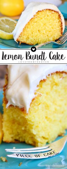 lemon bundt cake with white icing on a blue plate