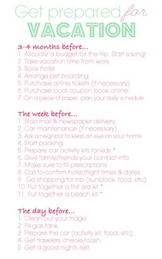 a printable vacation checklist with the words get prepared for vacation in green and pink