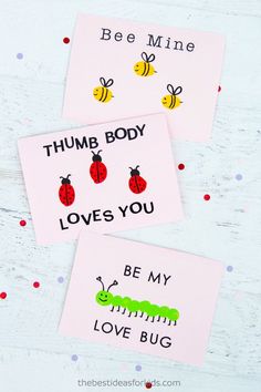 two handmade valentine cards with the words hum body loves you and bee mine on them