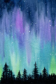 an aurora bore painting with trees and stars in the night sky, watercolor on paper