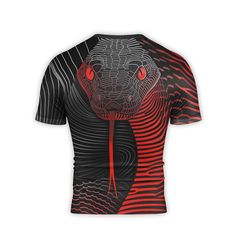 Red Eyes Snake Men's Short Sleeve Rash Guard Our men's compression shirt is made from an 88% Polyester and 12% Spandex blend, ensuring a second-skin fit in the form of a slim fit that provides full flexibility and freedom of movement for executing any fighting move or pose with ease. The short sleeve rash guard is machine washable and designed for optimal thermal regulation, keeping you warm before training and cool during breaks. The innovative fabric technology balances comfort and support, making it suitable for various sports such as MMA, Brazilian Jiu Jitsu, Jiu Jitsu, Muay Thai, No Gi Jiu-Jitsu, Grappling, Wrestling, Kick Boxing, Gym, Workout, Crossfit, and Fitness. We have long term non-stopping improvement that we gradually polishing our products to meet wearers' experience. We wor Fitted Sublimation Print Sports T-shirt, Fitted Sports T-shirt With Sublimation Print, Fitted Gym Tops With Sublimation Print, Fitted Functional Streetwear T-shirt, Black Technical Activewear With Graphic Print, Technical Black Activewear With Graphic Print, Red Sweat Resistant Activewear For Sports, Sporty Black Rash Guard With Moisture-wicking, Technical Fitted T-shirt For Training