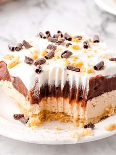 a piece of cake with white frosting and chocolate chips on top, sitting on a plate