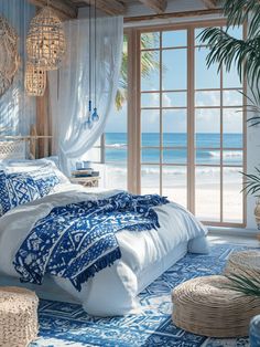 Bohemian Blue & White Beach Bedrooms | BOHO Beach Bedroom