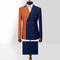 Orange And Navy Blue Double Breasted Peak Collar Slim Mens Two Piece Suit | Bradymensuit Blue Slim Fit Double Breasted Suit, Blue Slim Fit Double Breasted Suit For Formal Events, Blue Slim Fit Double Breasted Suit For Formal Occasions, Tailored Blue Double-breasted Suit, Tailored Double-breasted Blue Suit, Blue Three-piece Suit With Long Sleeves, Tailored Blue Double Breasted Suit For Groom, Royal Blue Notch Lapel Suit For Groom, Tailored Blue Double Breasted Wedding Suit