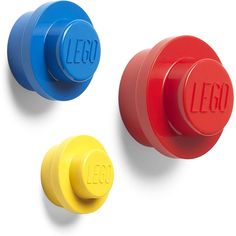 three different colored knobs with the word lego on them