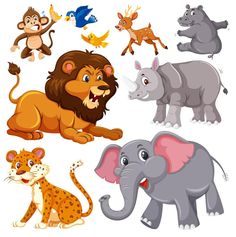 different kinds of animals on a white background