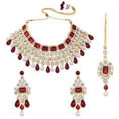 PRICES MAY VARY. Product Dimension :Neck piece – Length – 8 inch x Width – 2.5 inch; Earrings - Height – 3.5 inch x Width - 1.5 inch; Tikka – 7 inch Occasion: Take your style up a notch with this handcrafted piece of jewellery; Enamelled and embellished with rhinestone, crystal, faux pearl, it is perfect for a traditional yet contemporary look Outfits: Ideal for any ethnic outfits like sarees, lehengas, gowns, bridal wear or for parties, festivals, dance or any special occasion or as fashion cos Festive Red Jeweled Kundan Necklace, Festive Red Kundan Necklace, Bollywood Style Red Jewelry Sets, Festive Bollywood Ruby Necklace, Red Kundan Gemstone Necklace, Gifts For Bridesmaids, Kundan Jewellery Set, Popular Gifts, Ear Chain