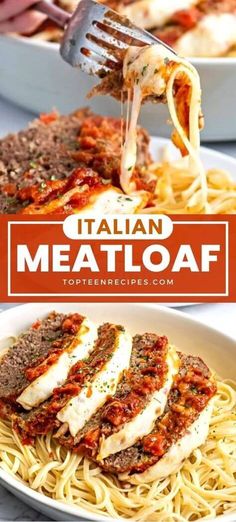 italian meatloaf with noodles and sauce in a white bowl