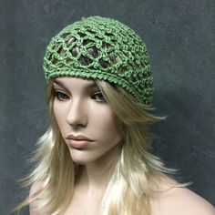 "Crochet Juliet Cap/ Skull Cap Color: Mint Green Material: Cotton Size: Average ( fits up to size 22\" circumference)) Care: Hand wash in warm water/ Lay flat to dry Green is evrywhere you look! In fact, the human eye can see green better than any color in the spectrum. So, I chose this beautiful shade of green to crochet this little skull cap full of lacy loops and picot stitches. Pair it with jeans or a summer dress.  The skull cap is here to stay." Handmade Fitted Bohemian Crochet Hat, Green Handmade Fitted Crochet Hat, Vintage Crochet Cap One Size, Vintage One-size Crochet Cap, Vintage Crochet Cap Hat One Size, Handmade Fitted Green Crochet Hat, Handmade Beanie For Spring, One Size Fits Most, Handmade Adjustable Beanie For Spring, Handmade Spring Beanie, One Size Fits Most