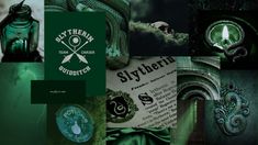 a collage of green and black images with the name slytherin on them