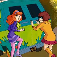 an animated image of two women in front of a van with the door open and one woman reaching out