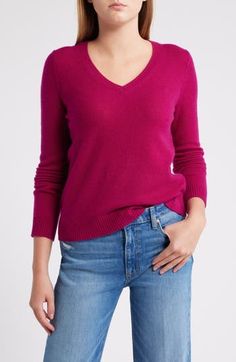 Wear and enjoy forever this V-neck sweater knit from pure cashmere in colors to enhance any look or mood. 22" length (size Medium) V-neck Long sleeves Ribbed cuffs and hem 100% cashmere Dry clean Imported V Neck Pink Sweater, Cashmere Outfits, Sweater Knit, Pink Sweater, V Neck Sweater, Cashmere Sweaters, Vneck Sweater, Neck Sweater, Sweater Top