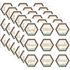 six hexagonal stickers with words and flowers on them