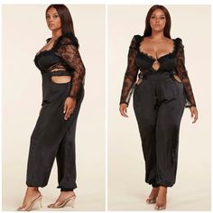 An Elegant Black Two-Piece Set Features An Exquisite Eyelash Lace Bodysuit With Padded Cups And Puff Shoulder Long Sleeves. Paired With Silk-Like Pants Featuring Sexy Cutouts At The Waistband And Elastic Cuffs. * * Top: Invisible Zipper Back, Snap-Button Crotch * Bottom: Zip/Fly Closure * Top - Self: 100% Nylon, Lining: 100% Polyester * Pants - Self: 100% Polyester Elegant High Waist Black Sets, Elegant Black Pants For Club, Elegant Black Club Pants, Elegant Two-piece Set Bottoms For Party, Elegant Two-piece Party Bottoms Set, Elegant Party Two-piece Bottoms Set, Flirty Long Sleeve Jumpsuits For Night Out, Black Two-piece Set Bottoms For Party, Glamorous Black Sets For Night Out