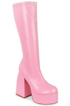 Pink platform boots with a retro edge Pink Boot Heels, Pink Go Go Boots, Cupid Halloween, Chunky High Heel Boots, Sabrina Concert, Pink Platform Boots, Chunky Fashion, Sparkly Boots, Leather Platform Boots