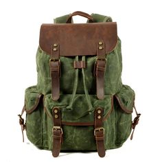 Buy Green Retro Canvas Buckle Flap Large Backpack Outdoor Waterproof Bag Worldwide Free shipping and return, color: Green , material: Canvas Waxed Canvas Leather Backpack, Canvas Backpack Men, Leather Travel Backpack, Waxed Canvas Backpack, Retro Backpack, Large Leather Bag, Moto Vintage, Outdoor Backpacks, Vintage Backpacks