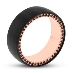 black and rose gold wedding band with diamonds inlayed to the center, on an 18k rose gold plated ring