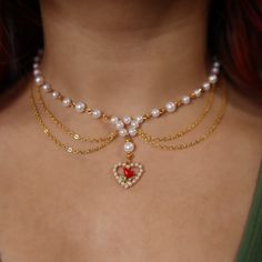 this one is for all my romantic accessory queens <3 beautiful 18k gold plated necklace made with faux pearl beads and a classic romantic rose charm. the necklace is closer to a choker style fit, meant to fit the 14"-16" length. for the best care, avoid getting this necklace wet. Pretty Jewelry Necklaces, Layered Choker Necklace, Neck Jewellery, Rose Necklace, Romantic Roses, Choker Style, Fancy Jewelry, Fantasy Jewelry, Choker Necklaces