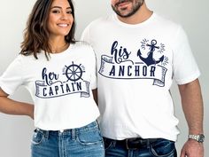 Matching t-shirt for sailor couples! This set of matching t-shirts emblazoned with 'Her Captain His Anchor' is the perfect option for your cruise, cruise and holiday couples. This t-shirt, designed with a funny and romantic touch, will make your holiday unforgettable. Celebrate your commitment to each other, like the captain and anchor on the ship, with these unique t-shirts. Add these t-shirts to your travel luggage to make every moment special! Materials → All our simple color ones like White and Black are 100% Cotton. → All our Heathered Colors are cotton/polyester blend and they are super comfy soft! → Soft and High-Quality Fabric → Sueded Jersey → Pre-shrunk → Taped shoulder-to-shoulder → Tear away label → Side Seamed → Retail fit Size → We have size chart on our listing photos. Care Cruise Shirts Couples, Matching Couple Cruise Outfits, Husband Sweatshirt, Couple Trip, Funny Vacation