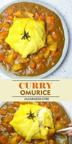 curry omurce with carrots and potatoes in a white bowl