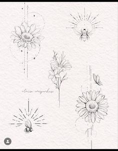 some drawings of sunflowers and bees on white paper with the words, i love you