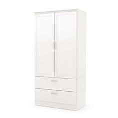 a white armoire with two drawers on the front and one drawer on the back