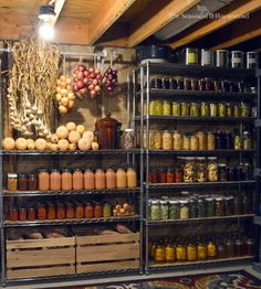 shelves filled with jars and vegetables in a store