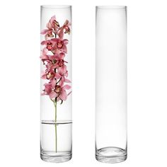 two tall vases with pink flowers in them on a white background, one larger than the other