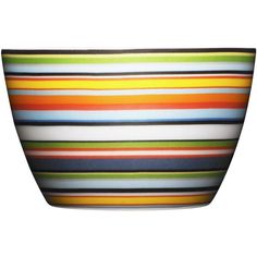 a bowl with multicolored stripes on the outside and inside, sitting in front of a white background