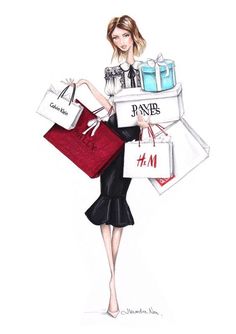 a drawing of a woman carrying shopping bags