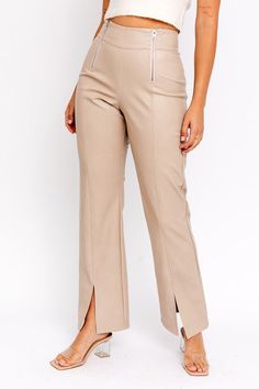 After Party Pant is the fall pant of the season. These pants have an amazing double zipper detail to give a comfortable high waisted look. Model is wearing a size small MODEL SPECS HEIGHT: 5'9" BUST: 32B WAIST: 24" HIPS: 34" 55% PU 45% VISCOSE Double Zipper Detail High Waisted Beige Color Fall Workwear Bottoms With Zip Fly, Trendy High Waist Pants With Zipper Closure, Trendy Straight Leg Pants With Zipper Closure, Wide Leg Bottoms With Zipper Closure For Fall, Fall Wide Leg Bottoms With Zipper Closure, Fall Wide-leg Bottoms With Zipper Closure, Elegant Pants With Zipper Closure For Fall, Elegant Bottoms With Zipper Closure For Spring, Chic High-waisted Bottoms With Zip Fly