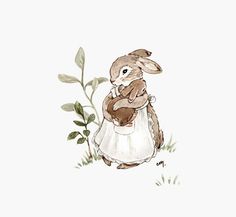 a painting of a rabbit holding a stuffed animal in its arms and standing next to a plant