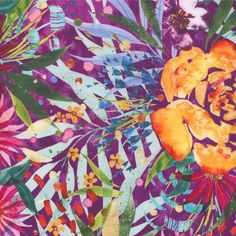 a painting of flowers and leaves on a purple background