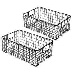 two black wire baskets sitting next to each other