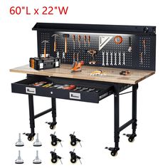 a workbench with various tools on it and the top drawer is open to reveal an assortment of tools