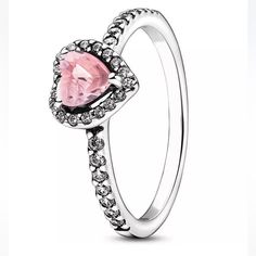 Halo Ring With Heart: This Piece Features A Pink Heart-Shaped Central, Elevated Stone With Clear Cubic Zirconia Stones. A Timeless, Elegant, And Versatile Collection With Sparkling Stones As Their Centerpiece, For Those You Cherish And Those That Cherish You. Pink Diamond Promise Ring, Pandora Heart Ring, Promise Rings Pandora, Pandora Rings Heart, Rainbow Topaz Ring, Pink Heart Rings, Ring With Heart, Silver Ruby Ring, Swiss Blue Topaz Ring