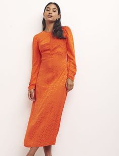 Orange Long Sleeve, Sleeve Midi Dress, Long Sleeve Midi, Shades Of Orange, Vibrant Orange, Long Sleeve Midi Dress, Strappy Heels, Fabric Care, Favorite Things List