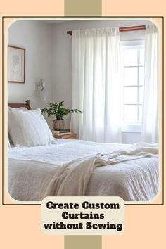 a white bed sitting under a window next to a potted plant on top of a table