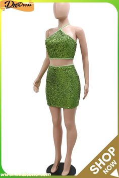 Green Sexy Solid Sequins Split Joint Halter Sleeveless Two Pieces Sleeveless Crop Top For Party, Sleeveless Party Halter Top With Sequins, Green Summer Party Tank Top, Fitted Green Tank Top For Club, Green Sleeveless Tank Top For Night Out, Green Fitted Vest Crop Top, Sleeveless Stretch Halter Top For Party, Sleeveless Vest Halter Top For Party, Fitted Green Vest Crop Top