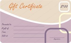 a gift certificate with an orange and purple design on the front, along with a pink background