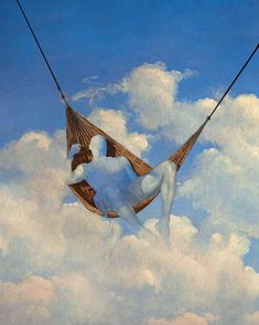 a painting of a man laying in a hammock suspended by strings above the clouds