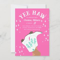 a pink birthday party card with an illustration of a blow dryer and stars on it