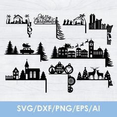 the svg christmas scene is shown in black and white