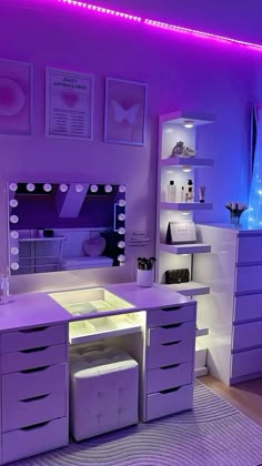 a bedroom with purple lighting and white furniture