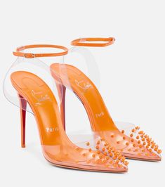 Christian Louboutin - Spikoo 100 PVC and leather pumps | Mytheresa Christian Louboutin Shoes Pumps, Louboutin Online, Orange Heels, Fab Shoes, Louboutin Heels, Christian Louboutin Heels, Kinds Of Shoes, Pointed Toe Heels, Fashion Heels