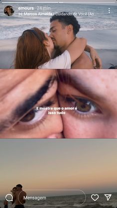 two people are kissing on the beach and one person is holding his head in front of him