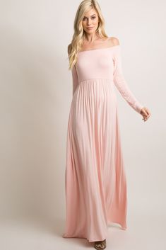 Pink Solid Off Shoulder Maxi Dress Maternity Dresses Baby Shower, Disney Maternity, Baby Shower Spring, Maternity Wedding Dress, Trendy Maternity Outfits, Petite Maxi Dress, Off Shoulder Neckline, Maternity Maxi Dress, Blush Pink Dresses