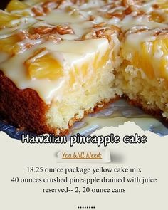 there is a piece of cake with white icing on it and the words hawaiian pineapple cake