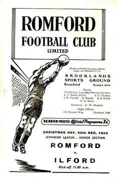 an old advertisement for a football club with a man jumping up to hit the ball